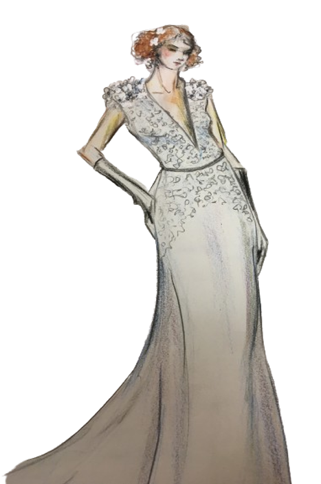 Croquis détaillé d’une robe sur mesure conçu par l’atelier Efti Cianko.